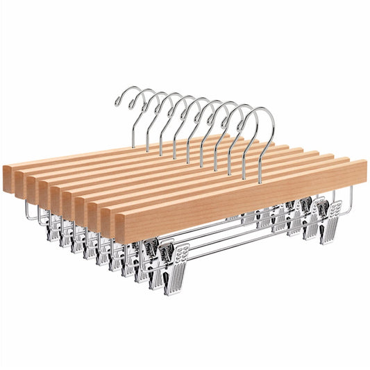 10 Pack Natural Wooden Hangers with 2-Adjustable Clips