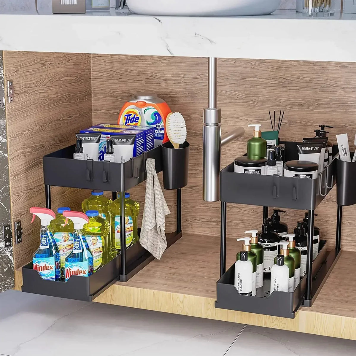 2 Tier Under Sink Organizer Sliding Cabinet Basket with Hooks Hanging Cup Kitchen Bathroom Space Saving Storage Rack