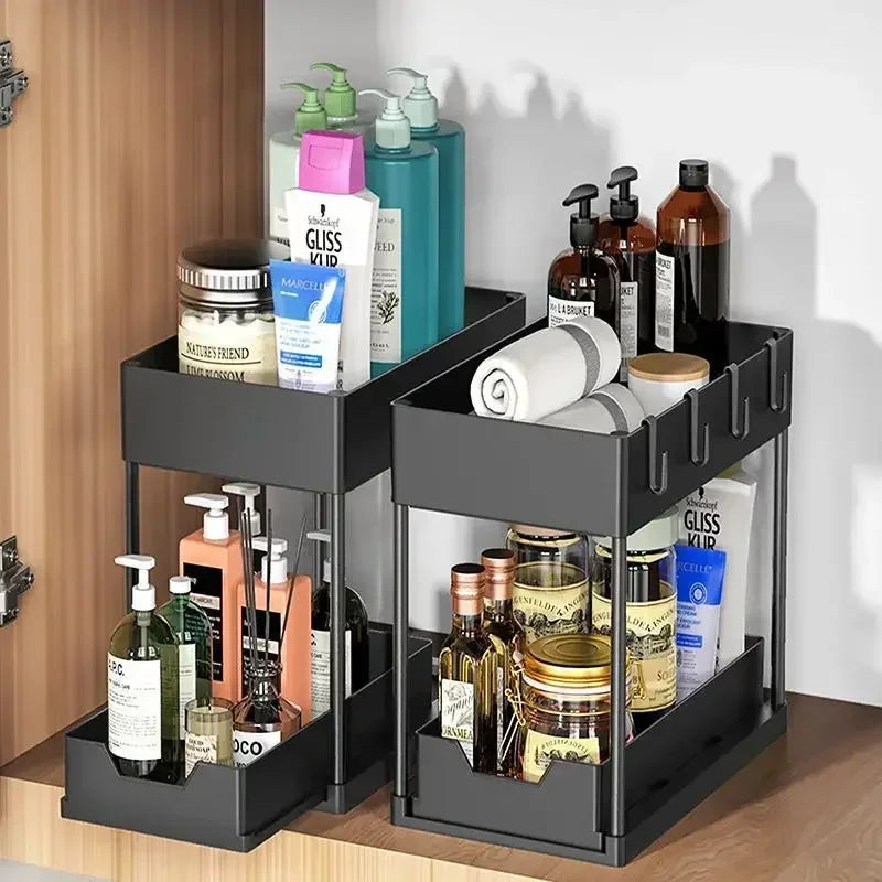 2 Tier Under Sink Organizer Sliding Cabinet Basket with Hooks Hanging Cup Kitchen Bathroom Space Saving Storage Rack