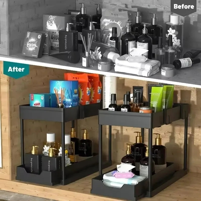 2 Tier Under Sink Organizer Sliding Cabinet Basket with Hooks Hanging Cup Kitchen Bathroom Space Saving Storage Rack