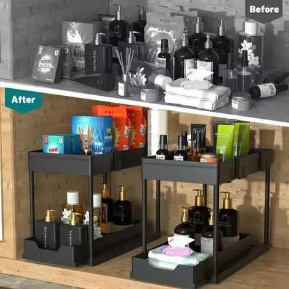 2 Tier Under Sink Organizer Sliding Cabinet Basket with Hooks Hanging Cup Kitchen Bathroom Space Saving Storage Rack