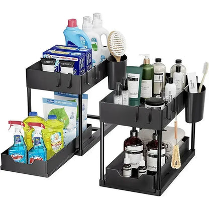 2 Tier Under Sink Organizer Sliding Cabinet Basket with Hooks Hanging Cup Kitchen Bathroom Space Saving Storage Rack