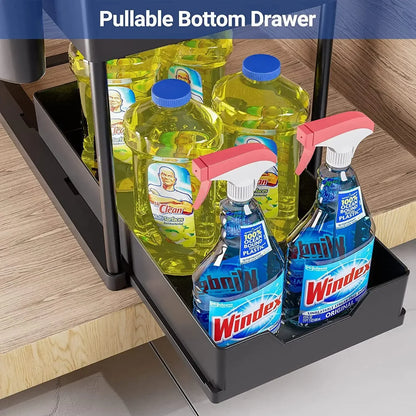 2 Tier Under Sink Organizer Sliding Cabinet Basket with Hooks Hanging Cup Kitchen Bathroom Space Saving Storage Rack
