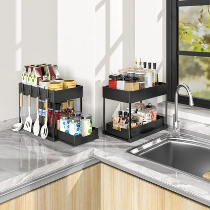 2 Tier Under Sink Organizer Sliding Cabinet Basket with Hooks Hanging Cup Kitchen Bathroom Space Saving Storage Rack