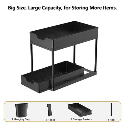 2-Tier Under Sink Organizers and Storage, Sliding L-shape Under Bathroom Kitchen Cabinet Organizers Narrow Space Sink Organizer