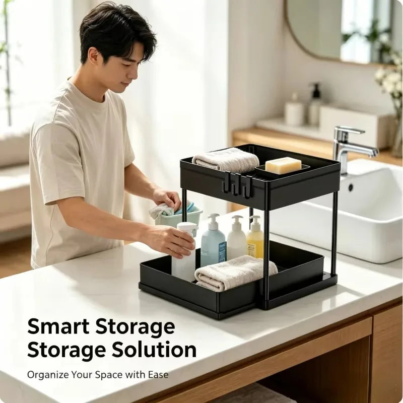 2 Tier Under Sink Organizer Sliding Cabinet Basket with Hooks Hanging Cup Kitchen Bathroom Space Saving Storage Rack
