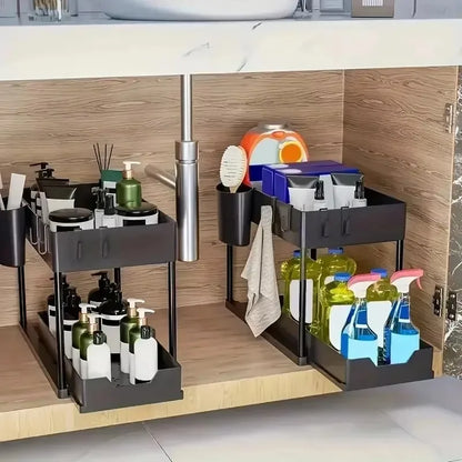 2 Tier Under Sink Organizer Sliding Cabinet Basket with Hooks Hanging Cup Kitchen Bathroom Space Saving Storage Rack