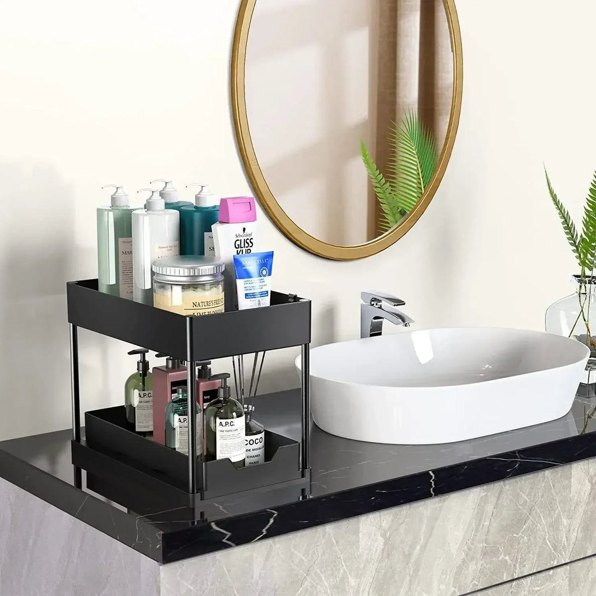 2 Tier Under Sink Organizer Sliding Cabinet Basket with Hooks Hanging Cup Kitchen Bathroom Space Saving Storage Rack
