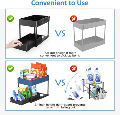 2 Tier Under Sink Organizer Sliding Cabinet Basket with Hooks Hanging Cup Kitchen Bathroom Space Saving Storage Rack