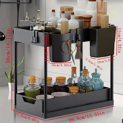 2 Tier Under Sink Organizer Sliding Cabinet Basket with Hooks Hanging Cup Kitchen Bathroom Space Saving Storage Rack