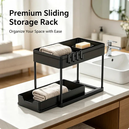 2 Tier Under Sink Organizer Sliding Cabinet Basket with Hooks Hanging Cup Kitchen Bathroom Space Saving Storage Rack