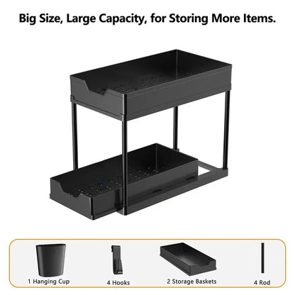 2-Tier Under Sink Organizers and Storage, Sliding L-shape Under Bathroom Kitchen Cabinet Organizers Narrow Space Sink Organizer
