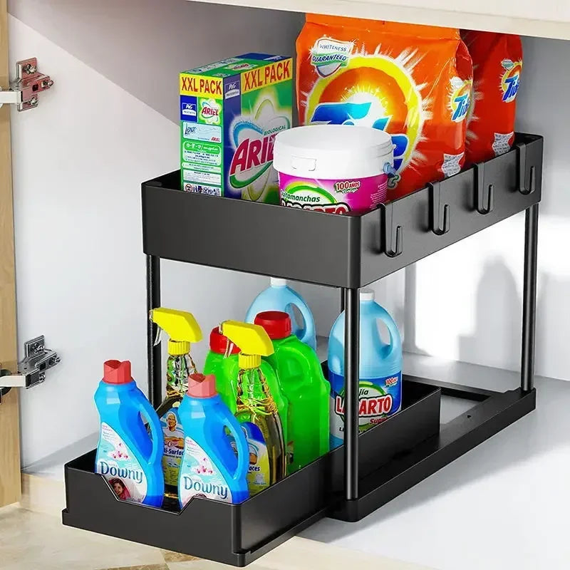 2 Tier Under Sink Organizer Sliding Cabinet Basket with Hooks Hanging Cup Kitchen Bathroom Space Saving Storage Rack