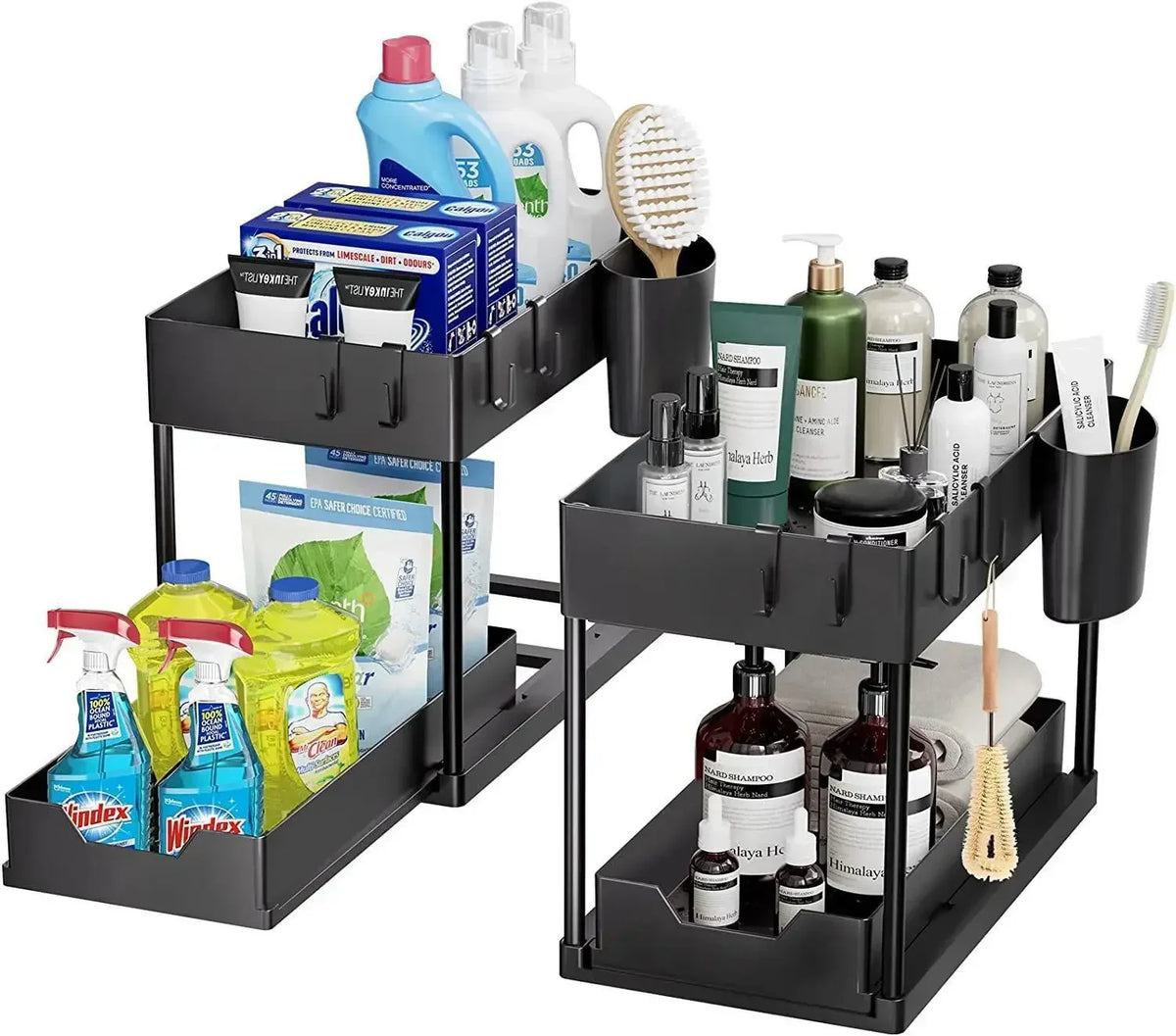 2 Tier Under Sink Organizer Sliding Cabinet Basket with Hooks Hanging Cup Kitchen Bathroom Space Saving Storage Rack