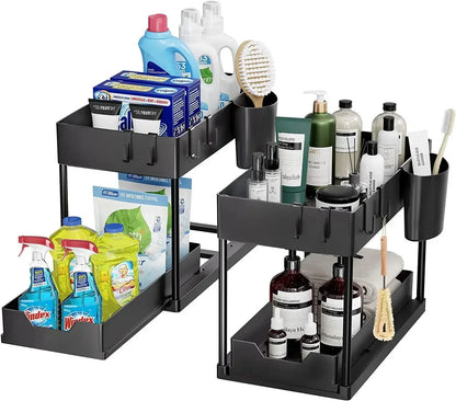 2 Tier Under Sink Organizer Sliding Cabinet Basket with Hooks Hanging Cup Kitchen Bathroom Space Saving Storage Rack
